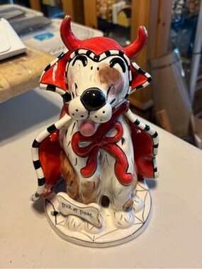 Blue-sky Halloween Dog Figurine in Red Cape. Trick or treat candle holder